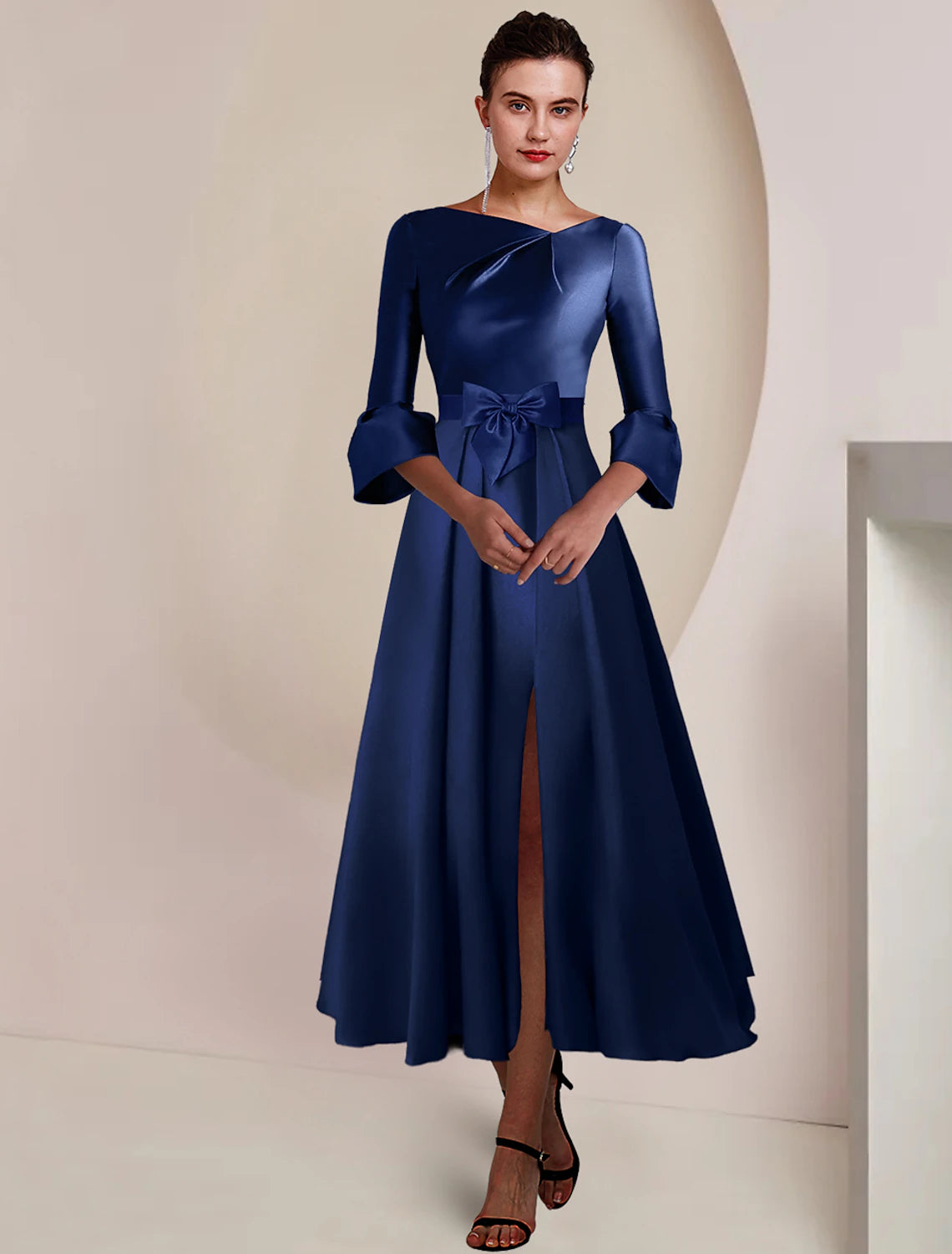 Weitese A-Line Mother of the Bride Dress Formal Wedding Guest Party Elegant Bateau Neck Tea Length Satin 3/4 Length Sleeve with Bow(s) Split Front