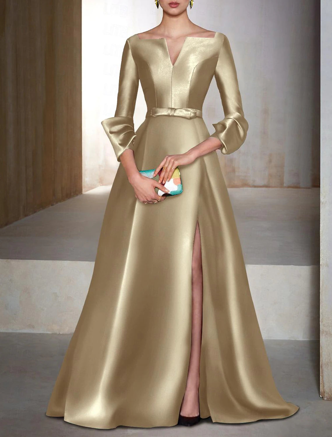 A-Line Evening Gown Elegant Dress Formal Cocktail Party Floor Length Long Sleeve V Neck Wedding Guest Satin