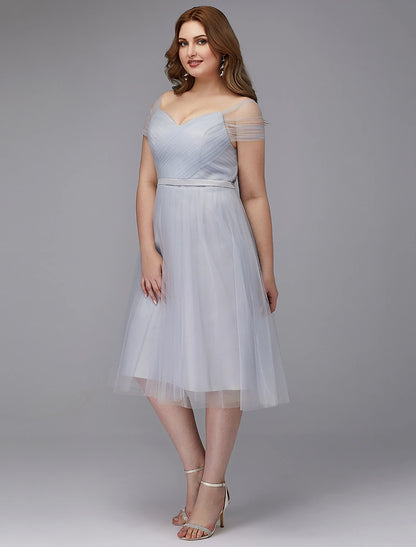 Weitese A-Line Elegant Dress Wedding Guest Cocktail Party Tea Length Short Sleeve Off Shoulder Tulle with Sash / Ribbon Criss Cross