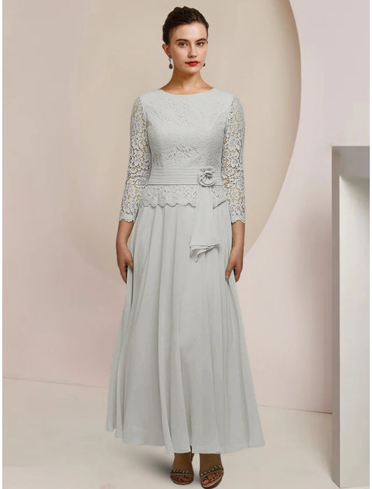 Weitese A-Line Mother of the Bride Dress Wedding Guest Elegant Jewel Neck Ankle Length Chiffon Long Sleeve with Lace Pleats Appliques