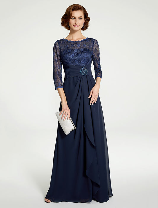 Weitese A-Line Mother of the Bride Dress Jewel Neck Floor Length Chiffon Lace 3/4 Length Sleeve with Lace Ruching