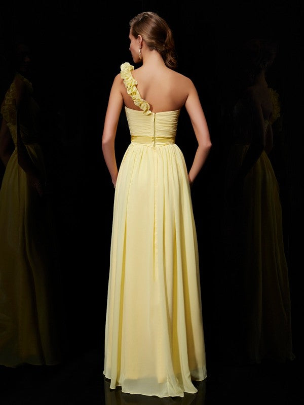 Weitese A-Line/Princess One-Shoulder Sleeveless Hand-Made Flower Long Chiffon Bridesmaid Dresses