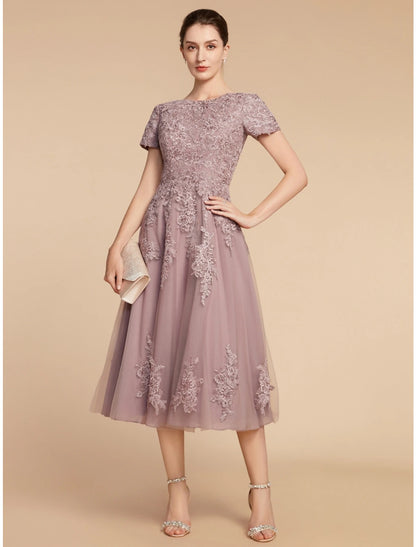 Weitese A-Line Mother of the Bride Dress Wedding Guest Elegant Petite Jewel Neck Tea Length Lace Tulle Short Sleeve with Ruching Flower