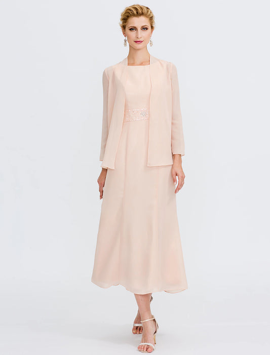 Weitese Two Piece Sheath / Column Mother of the Bride Dress Wedding Guest Plus Size Elegant with Jacket Long Sleeve Scoop Neck Tea Length Chiffon Sash / Ribbon Pleats Beading