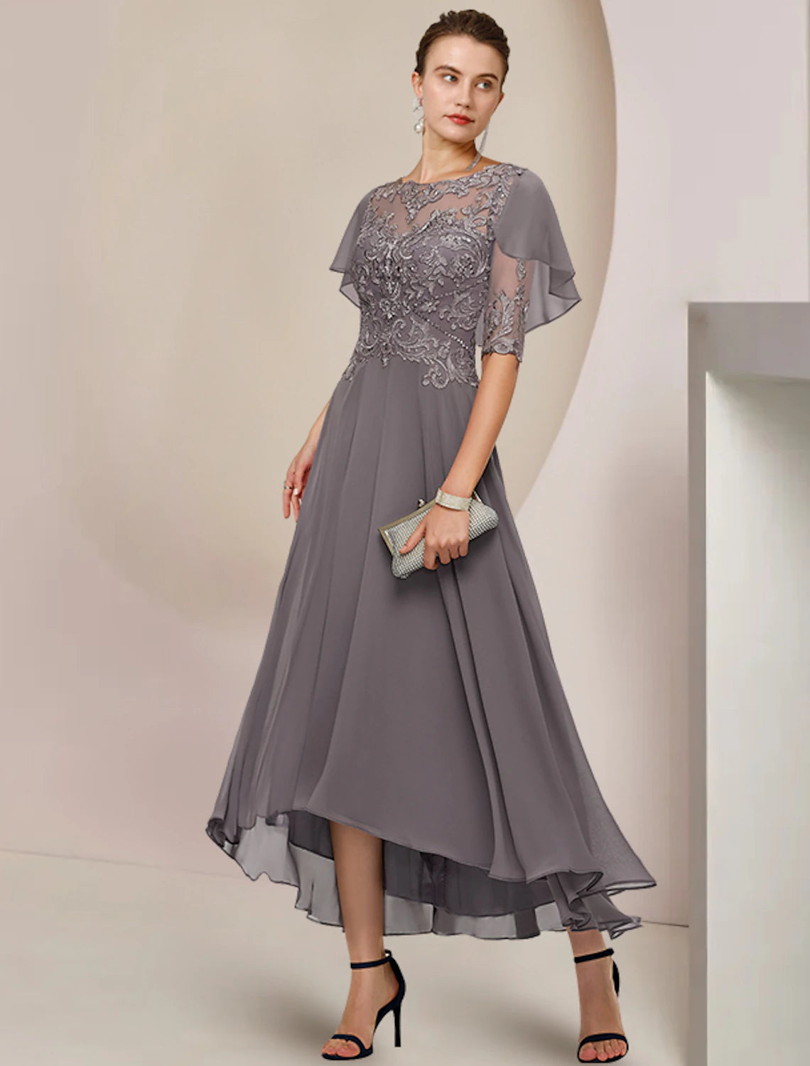 Weitese A-Line Mother of the Bride Dress Formal Fall Wedding Guest Elegant Scoop Neck Asymmetrical Tea Length Chiffon Lace Half Sleeve with Beading Appliques