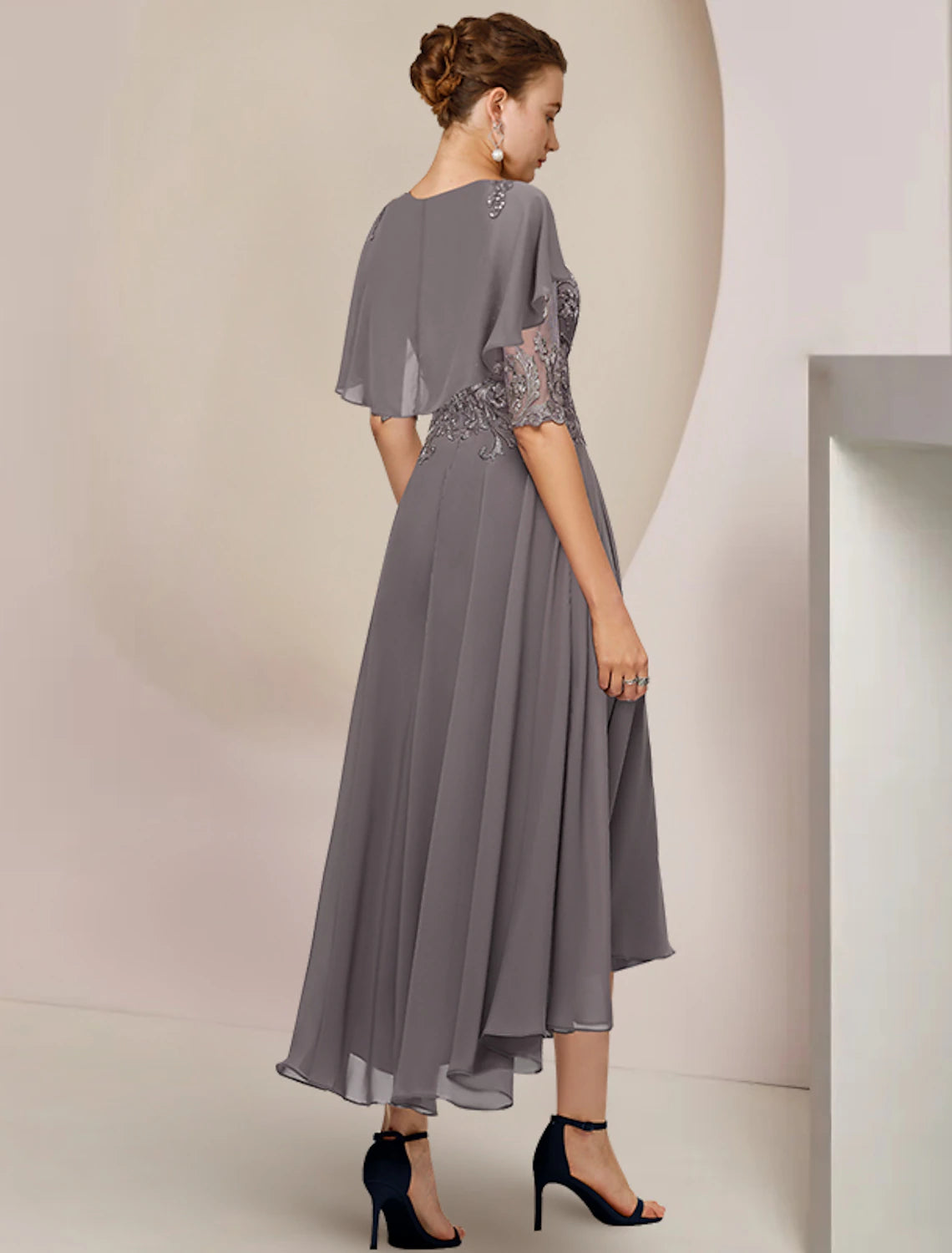 Weitese A-Line Mother of the Bride Dress Formal Fall Wedding Guest Elegant Scoop Neck Asymmetrical Tea Length Chiffon Lace Half Sleeve with Beading Appliques