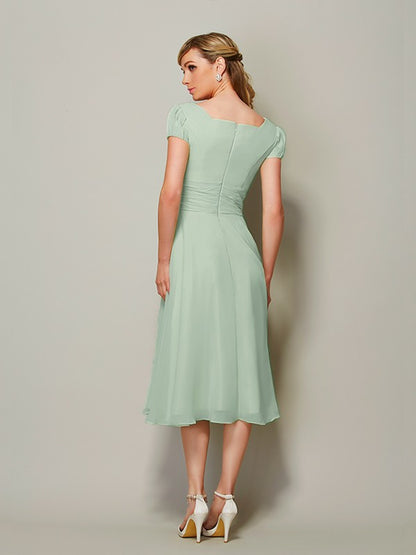 Weitese Sheath/Column Bateau Short Sleeves Ruffles Short Chiffon Tea-Length Bridesmaid Dresses