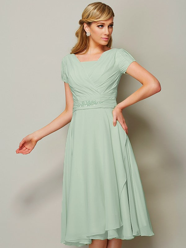 Weitese Sheath/Column Bateau Short Sleeves Ruffles Short Chiffon Tea-Length Bridesmaid Dresses