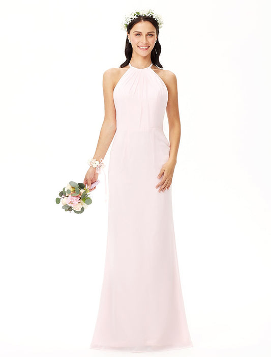 Weitese Sheath / Column Bridesmaid Dress Jewel Neck Sleeveless Elegant Floor Length Chiffon with Pleats