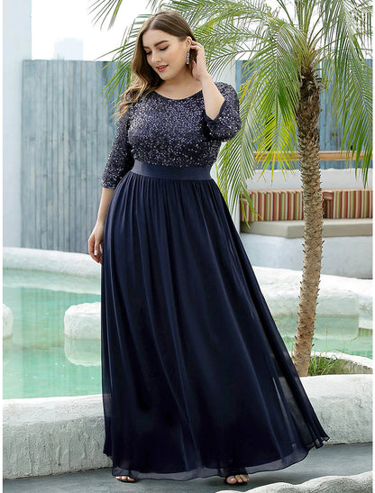 Weitese A-Line Mother of the Bride Dress Wedding Guest Plus Size Elegant Jewel Neck Floor Length Tulle Sequined 3/4 Length Sleeve with Sequin Fall