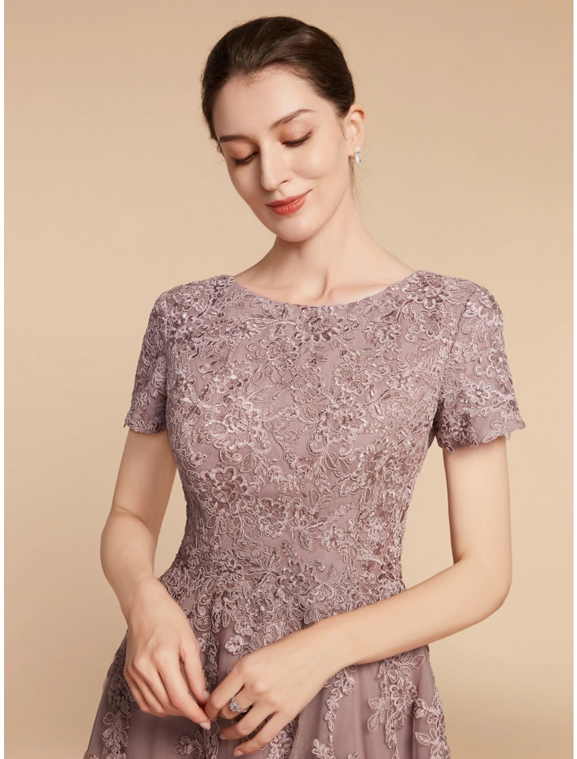 Weitese A-Line Mother of the Bride Dress Wedding Guest Elegant Petite Jewel Neck Tea Length Lace Tulle Short Sleeve with Ruching Flower