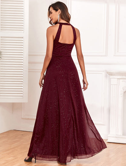 Weitese A-Line Evening Gown Elegant Dress Wedding Guest Evening Party Floor Length Sleeveless Halter Neck Polyester Backless V Back with Glitter