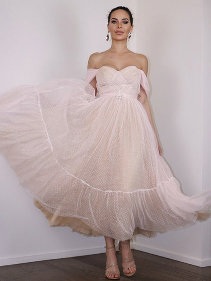 Weitese A-Line/Princess Lace Ruched Off-the-Shoulder Sleeveless Tea-Length Homecoming Dresses