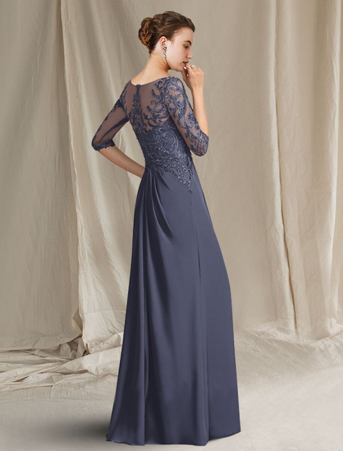 Weitese A-Line Mother of the Bride Dress Elegant V Neck Floor Length Chiffon Lace Half Sleeve with Draping Appliques