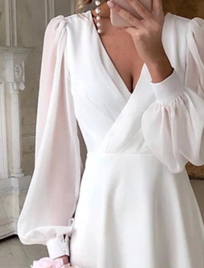 Simple Wedding Dresses Little White Dresses A-Line V Neck For Wedding Reception Lantern Sleeve Ankle Length Chiffon Bridal Shower Gowns