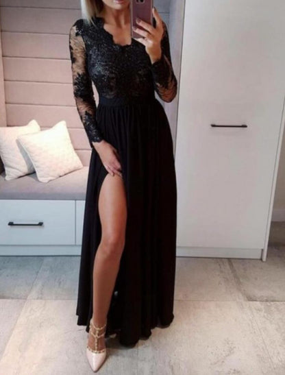 Beach Gothic Wedding Dresses in Color Black Wedding Dresses A-Line V Neck Long Sleeve Floor Length Chiffon Bridal Gowns