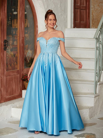 Weitese A-Line/Princess Satin Lace Off-the-Shoulder Sleeveless Floor-Length Dresses