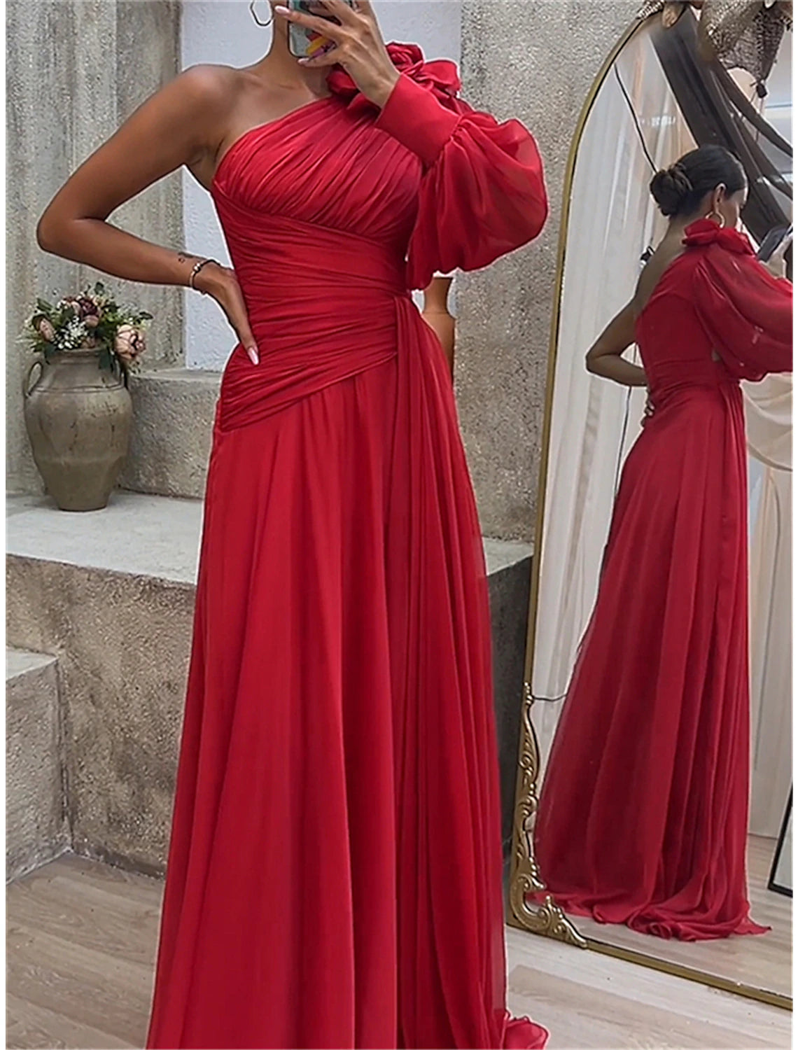 Weitese Women's Prom Dress Party Dress Wedding Guest Dress Long Dress Maxi Dress Red Long Sleeve Pure Color Ruched Spring Fall Winter One Shoulder Red Valentines Dress Valentine's Day Wedding Guest Evening