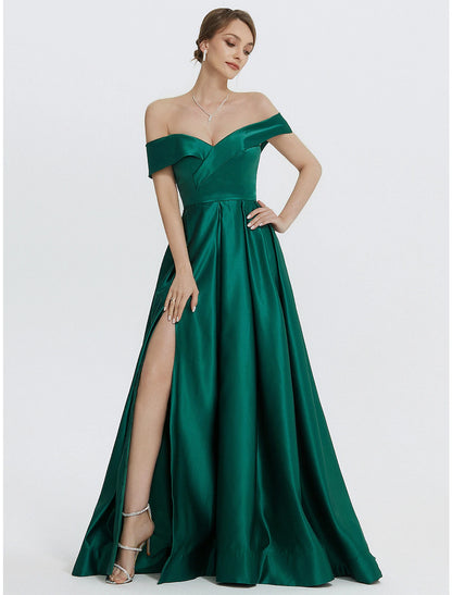 Weitese A-Line Evening Gown Elegant Dress Formal Prom Floor Length Sleeveless Sweetheart Satin with Slit