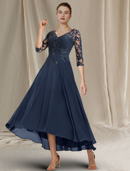 Weitese A-Line Mother of the Bride Dress Elegant Sparkle & Shine High Low V Neck Asymmetrical Tea Length Chiffon Lace Half Sleeve with Sequin Ruffles Appliques