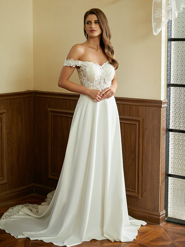 Weitese A-Line/Princess Stretch Crepe Lace Off-the-Shoulder Short Sleeves Court Train Wedding Dresses