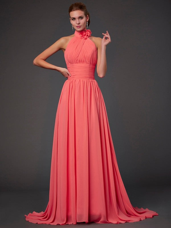 Weitese A-Line/Princess Halter Sleeveless Hand-Made Flower Long Chiffon Bridesmaid Dresses