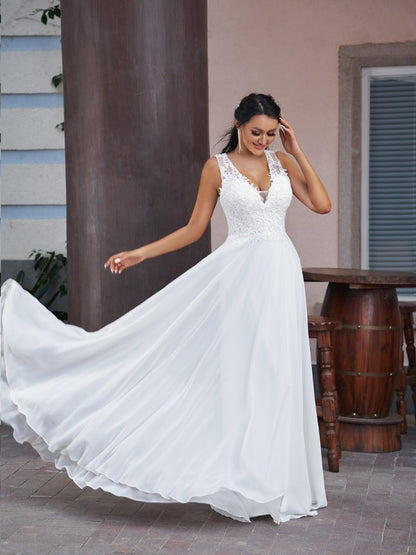 Weitese A-Line/Princess Chiffon Lace V-neck Sleeveless Floor-Length Wedding Dresses