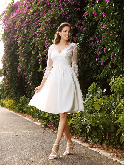 Weitese A-Line/Princess V-neck 3/4 Sleeves Short Chiffon Wedding Dresses