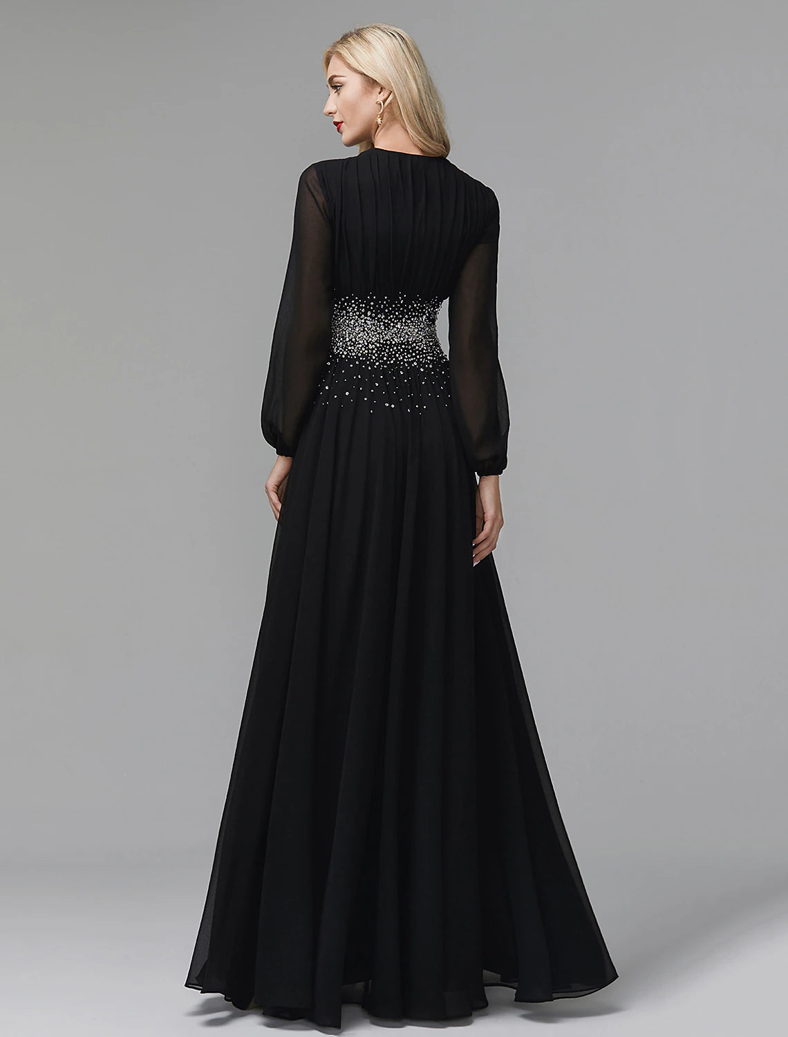 Weitese A-Line Evening Dress Celebrity Red Carpet Formal Gown Party Dress Black Tie Wedding Guest Floor Length Long Sleeve V Neck Chiffon with Sequin