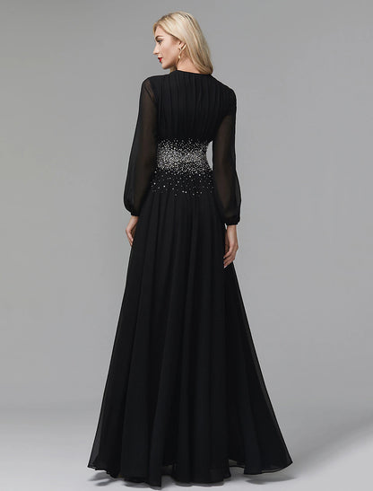 Weitese A-Line Evening Dress Celebrity Red Carpet Formal Gown Party Dress Black Tie Wedding Guest Floor Length Long Sleeve V Neck Chiffon with Sequin