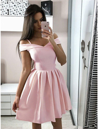 Weitese A-Line Cocktail Dresses Minimalist Dress Homecoming Party Wear Knee Length Sleeveless V Neck Pink Dress Stretch Fabric with Pleats