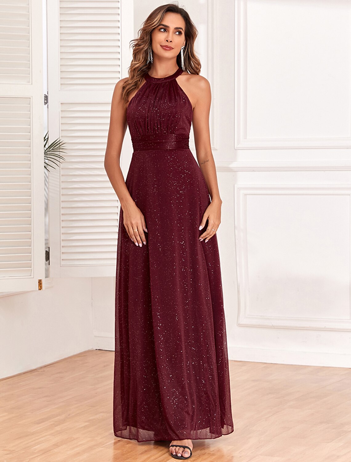 Weitese A-Line Evening Gown Elegant Dress Wedding Guest Evening Party Floor Length Sleeveless Halter Neck Polyester Backless V Back with Glitter