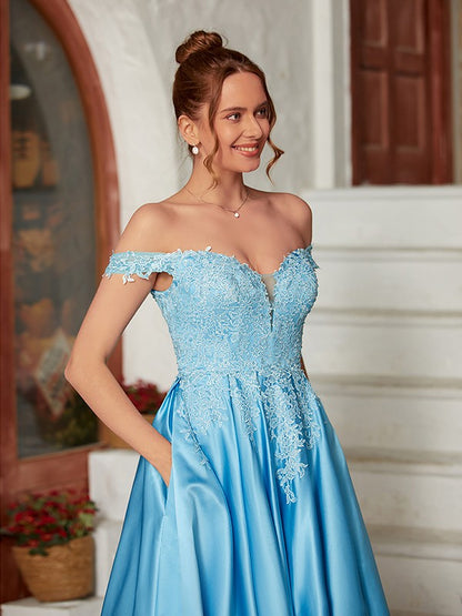 Weitese A-Line/Princess Satin Lace Off-the-Shoulder Sleeveless Floor-Length Dresses