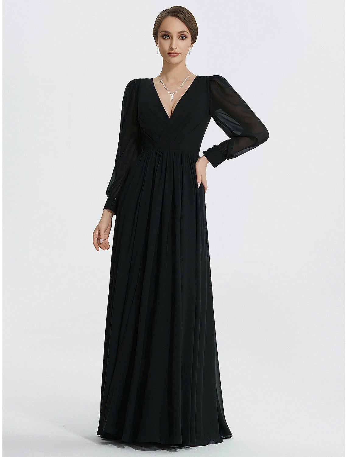 Weitese A-Line Evening Gown Elegant Dress Formal Floor Length Long Sleeve V Neck Chiffon with Slit