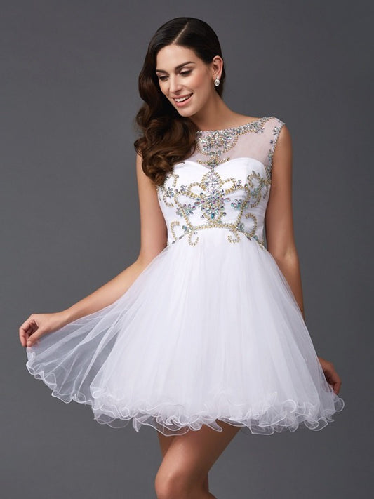 Weitese A-Line/Princess Scoop Beading Sleeveless Short Net Dresses