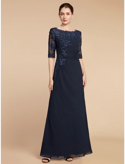 Weitese Sheath / Column Mother of the Bride Dress Wedding Guest Elegant Scoop Neck Ankle Length Chiffon Lace Half Sleeve with Sequin Ruching Solid Color