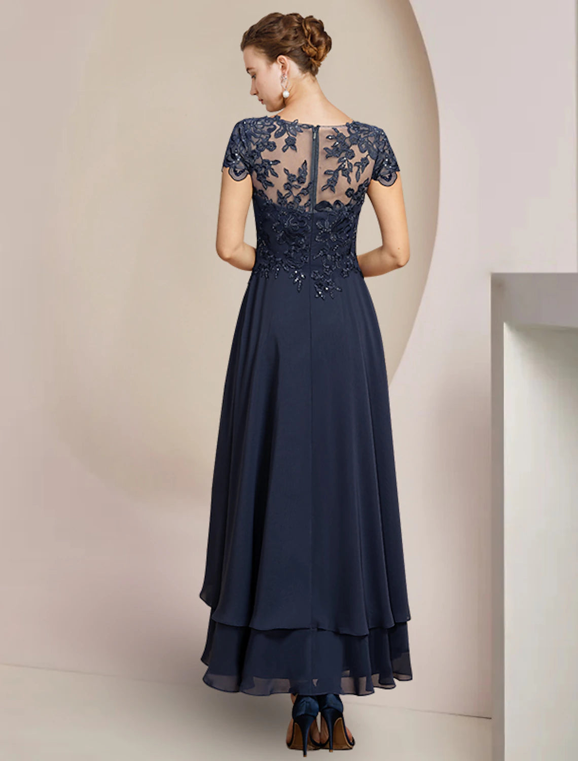 Weitese A-Line Mother of the Bride Dress Formal Wedding Guest Elegant High Low Scoop Neck Asymmetrical Tea Length Chiffon Lace Short Sleeve with Sequin Appliques