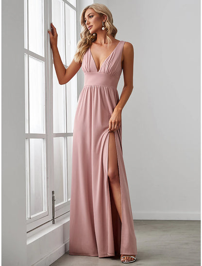 Weitese A-Line Prom Party Dress High Split Dress Wedding Guest Formal Evening Floor Length Sleeveless V Neck Bridesmaid Dress Chiffon V Back with Slit Pure Color