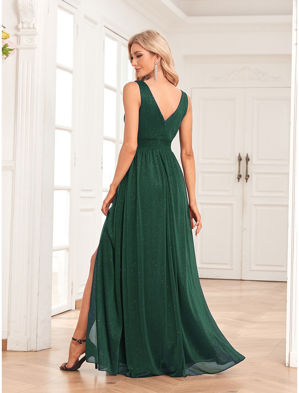 Weitese A-Line Evening Gown Empire Dress Wedding Guest Party Wear Floor Length Sleeveless V Neck Spandex V Back with Glitter Slit