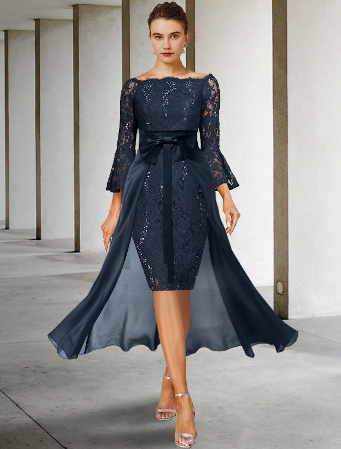 Weitese Two Piece Sheath / Column Mother of the Bride Dress Formal Wedding Guest Party Elegant Off Shoulder Knee Length Chiffon Lace Imitated Silk 3/4 Length Sleeve with Bow(s)