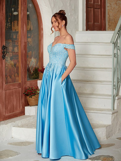 Weitese A-Line/Princess Satin Lace Off-the-Shoulder Sleeveless Floor-Length Dresses