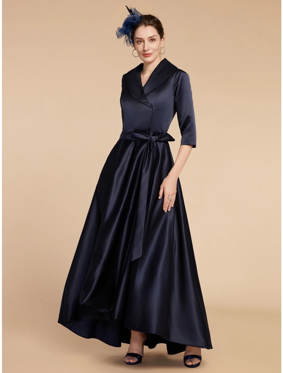 Weitese A-Line Mother of the Bride Dress Wedding Guest Elegant V Neck Ankle Length Satin Half Sleeve with Sash / Ribbon Ruching Solid Color