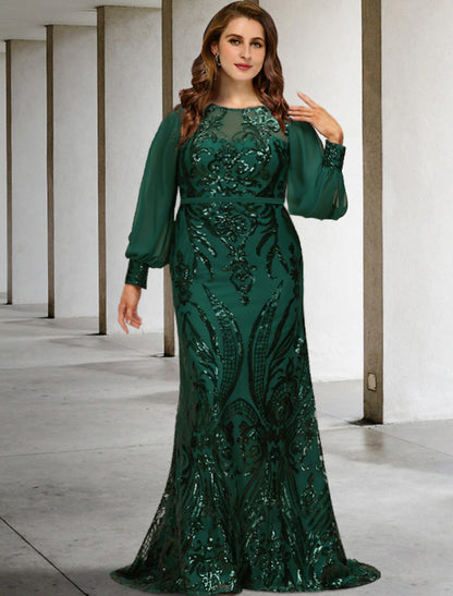 Weitese Mermaid / Trumpet Mother of the Bride Dresses Plus Size Hide Belly Curve Elegant Dress Formal Sweep / Brush Train Long Sleeve Jewel Neck Chiffon with Sequin