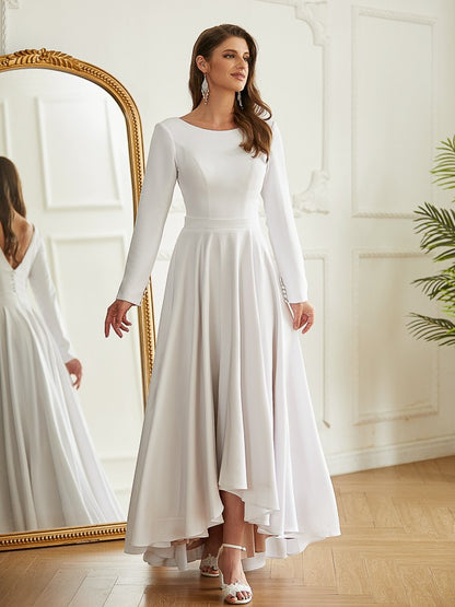 Weitese A-Line/Princess Stretch Crepe Ruffles Scoop Long Sleeves Asymmetrical Wedding Dresses