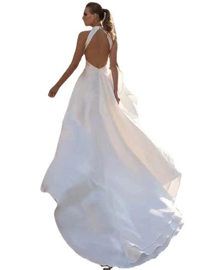 Weitese Reception Open Back Casual Wedding Dresses A-Line Halter Sleeveless Court Train Satin Bridal Gowns With Solid Color Summer Fall Wedding Party