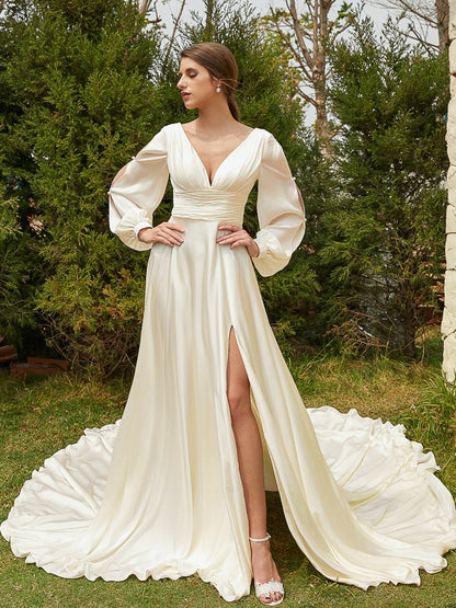 Weitese A-Line/Princess Satin Chiffon Ruched V-neck Long Sleeves Cathedral Train Wedding Dresses