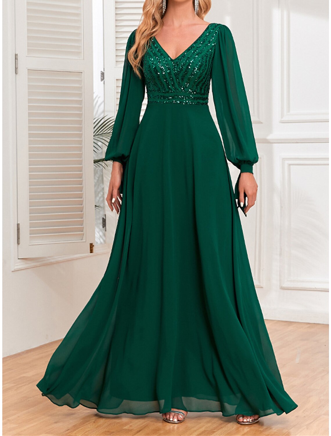 Weitese Women's Sequin Dress Prom Dress Party Dress Sparkly Dress Long Dress Maxi Dress Green Long Sleeve Fall Winter V Neck Fashion Evening Party