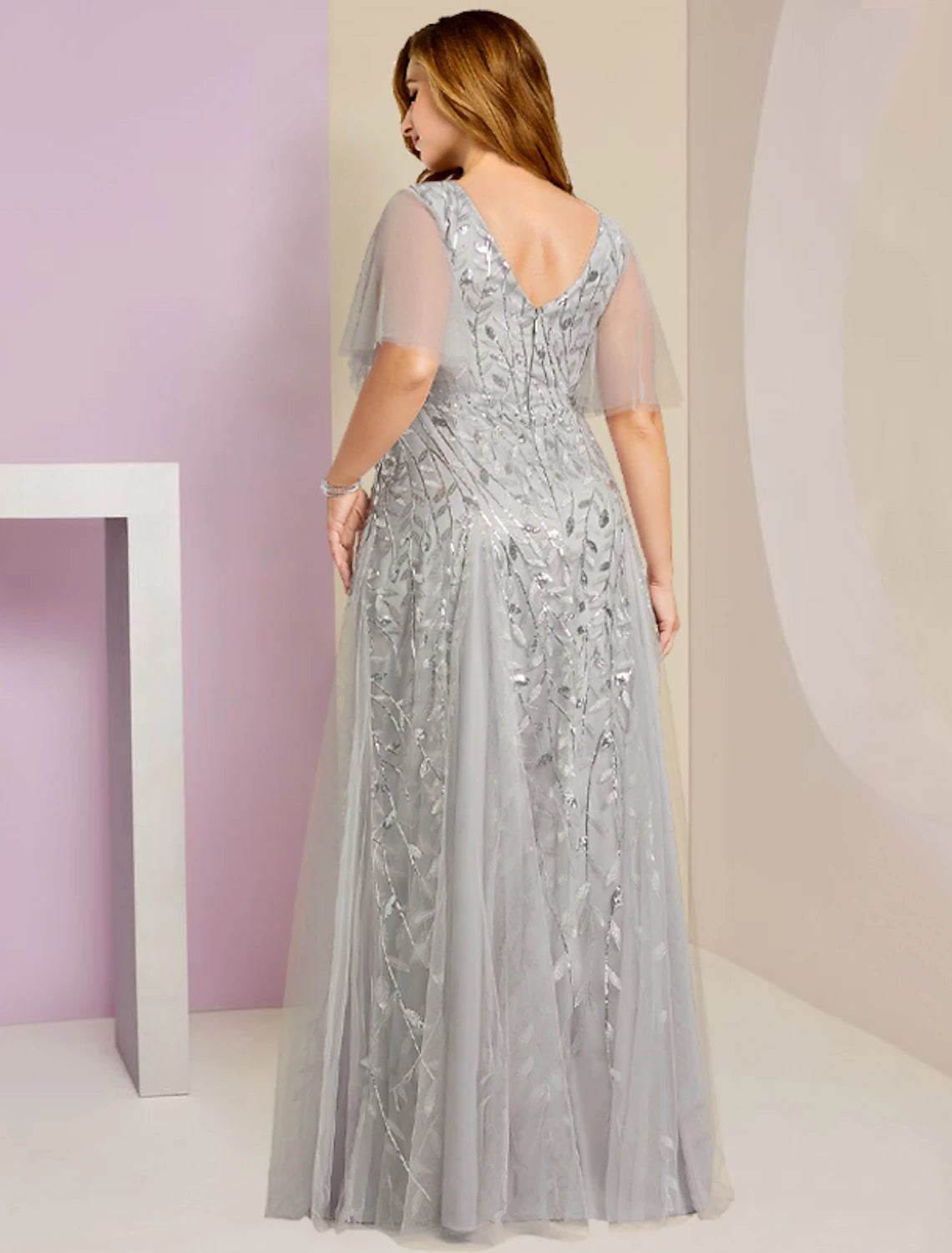 Weitese Mother of the Bride Dresses Plus Size Curve Hide Belly Party Sparkle & Shine V Neck Floor Length Lace Tulle Short Sleeve with Pleats Sequin