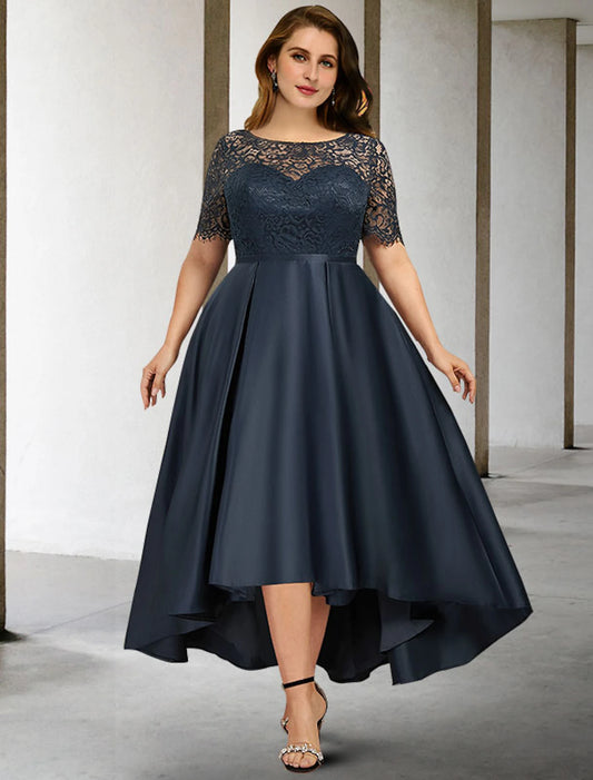 Weitese A-Line Mother of the Bride Dresses Plus Size Hide Belly Curve Elegant Dress Formal Asymmetrical Short Sleeve Jewel Neck Satin with Pleats