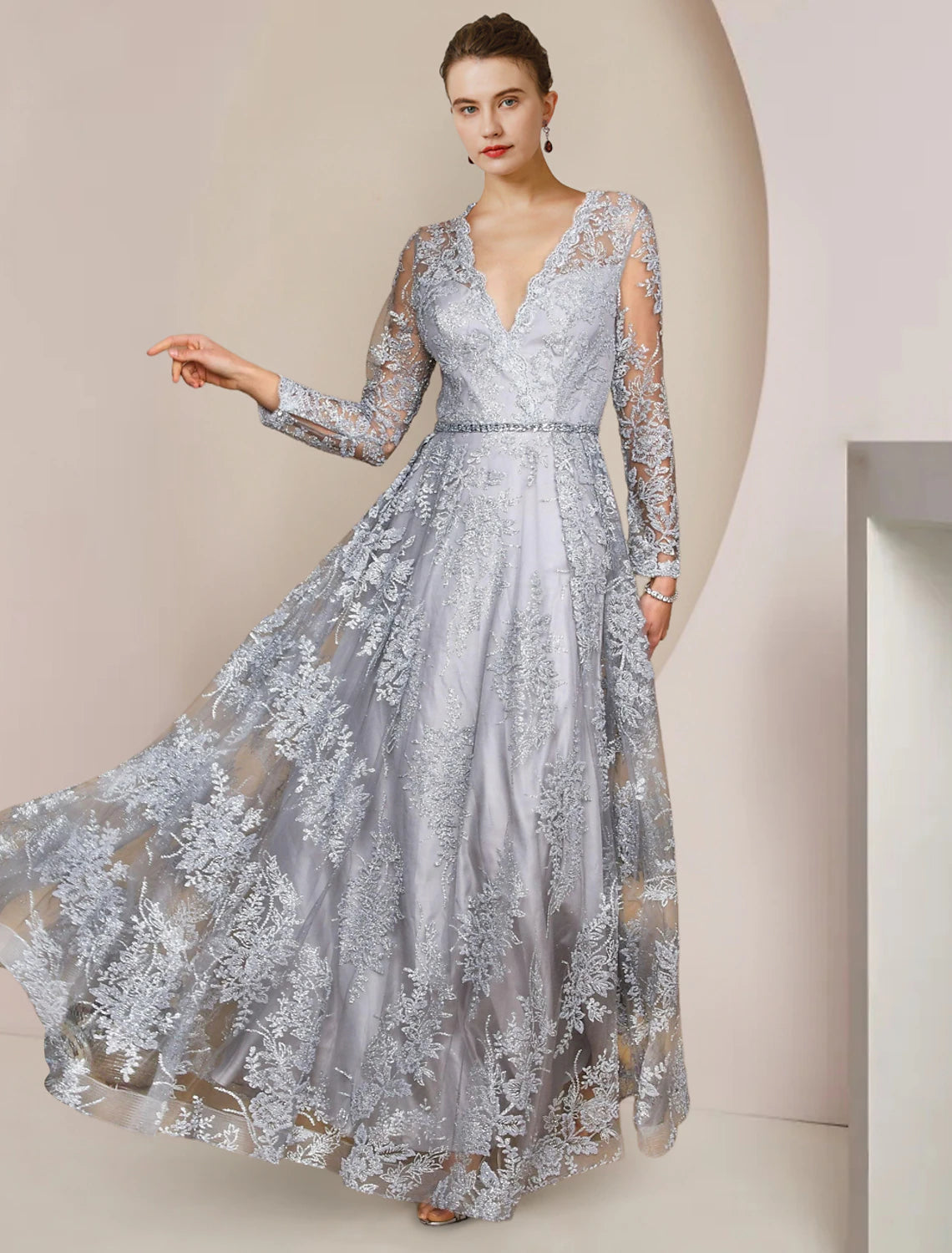 Weitese A-Line Mother of the Bride Dress Formal Wedding Guest Elegant V Neck Floor Length Tea Length Lace Long Sleeve with Appliques Crystal Brooch